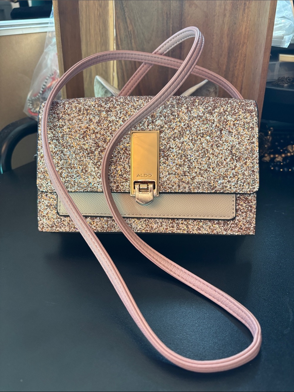 ALDO Rose Gold Glitter Crossbody Bag with Pink Strap